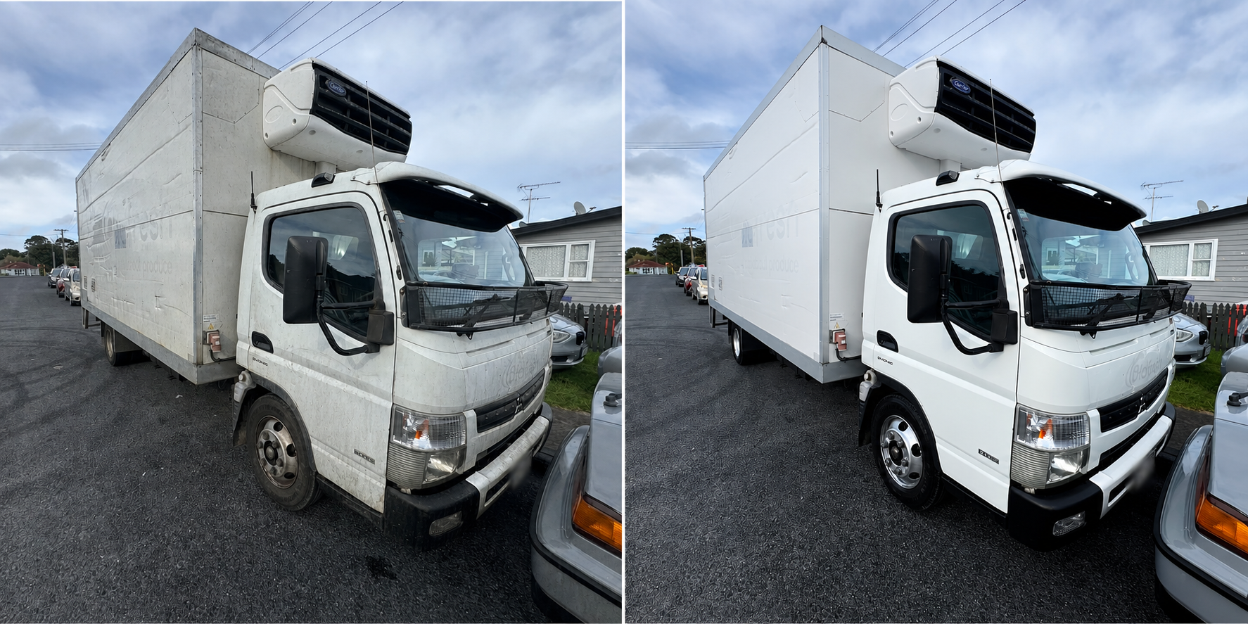 Illustrative dirty-before and clean-after comparison of a white local produce box truck with registration plate obscured