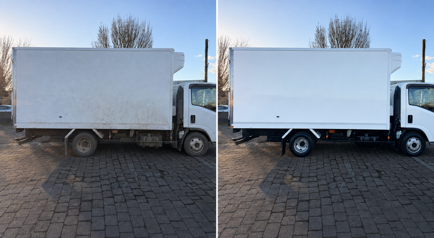 Illustrative dirty-before and clean-after comparison of a white commercial box truck