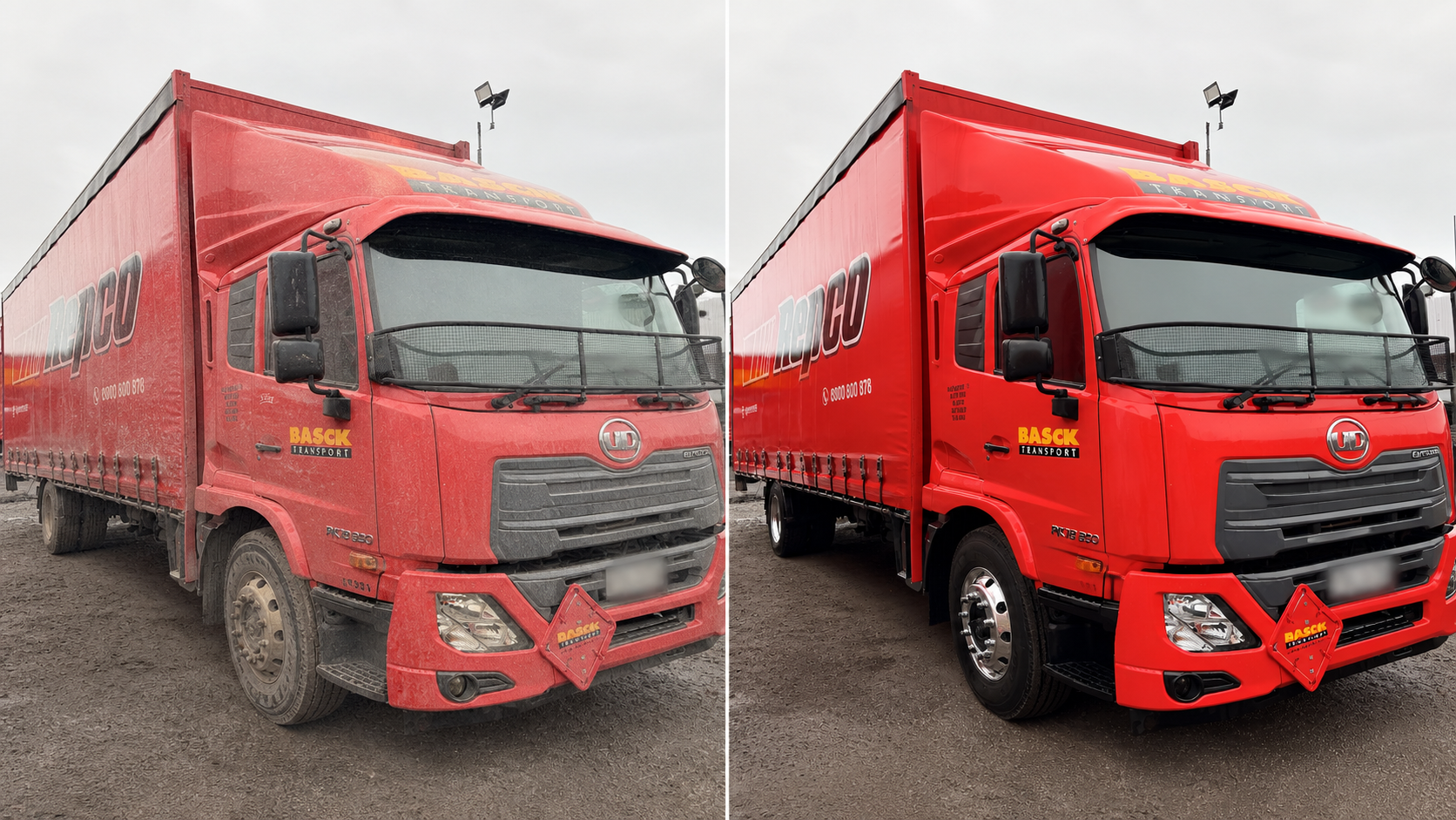 Illustrative dirty-before and clean-after comparison of a red Bascik Transport truck with registration plate obscured
