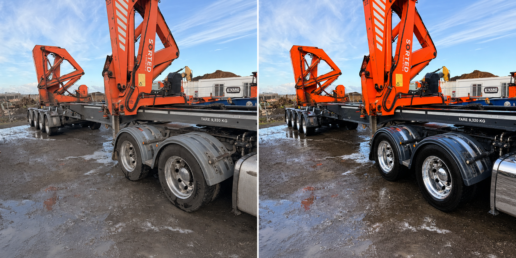 Illustrative dirty-before and clean-after comparison of Sorted Logistics container equipment