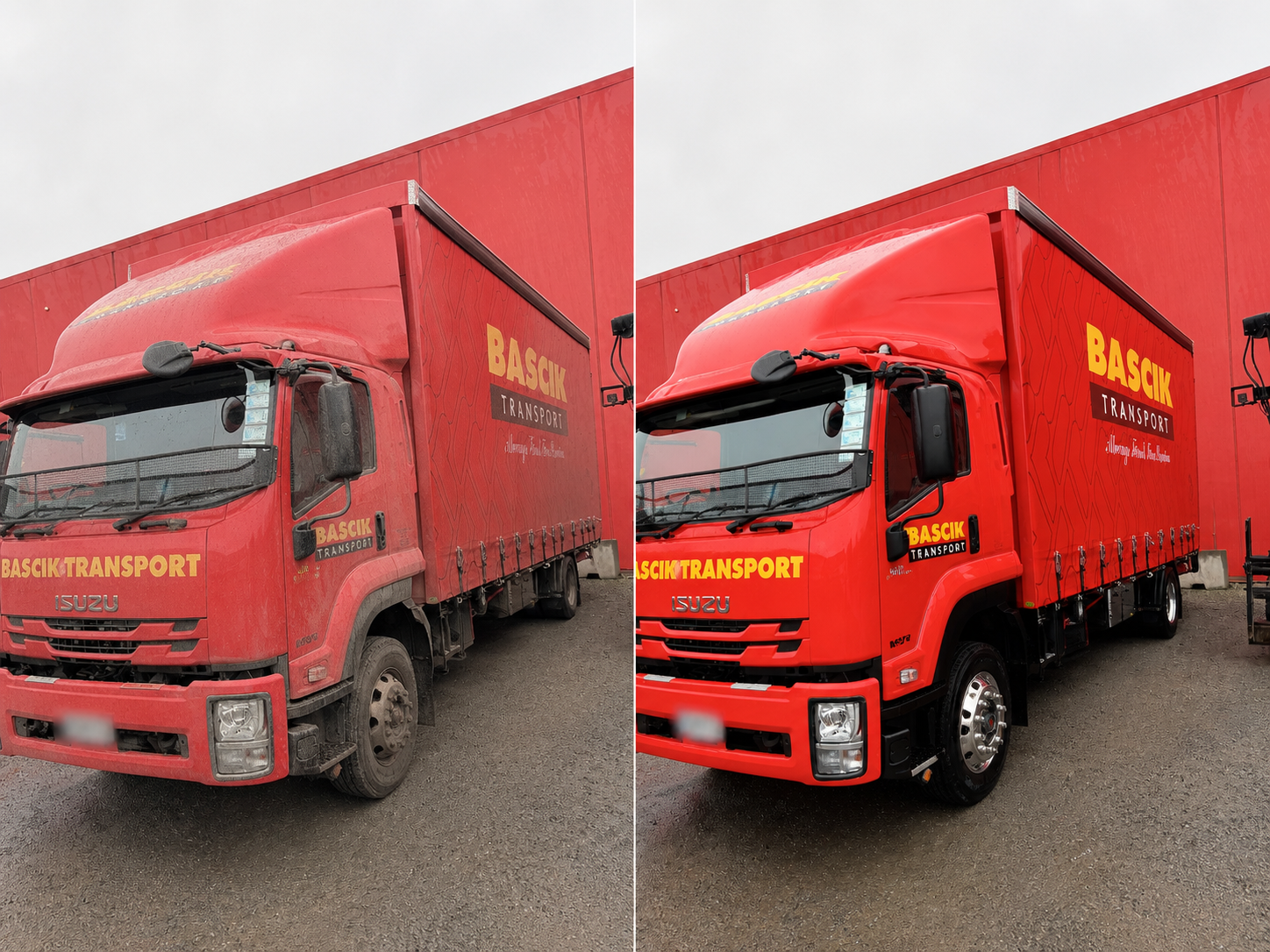 Illustrative dirty-before and clean-after comparison of a red Bascik Transport box truck with registration plate obscured