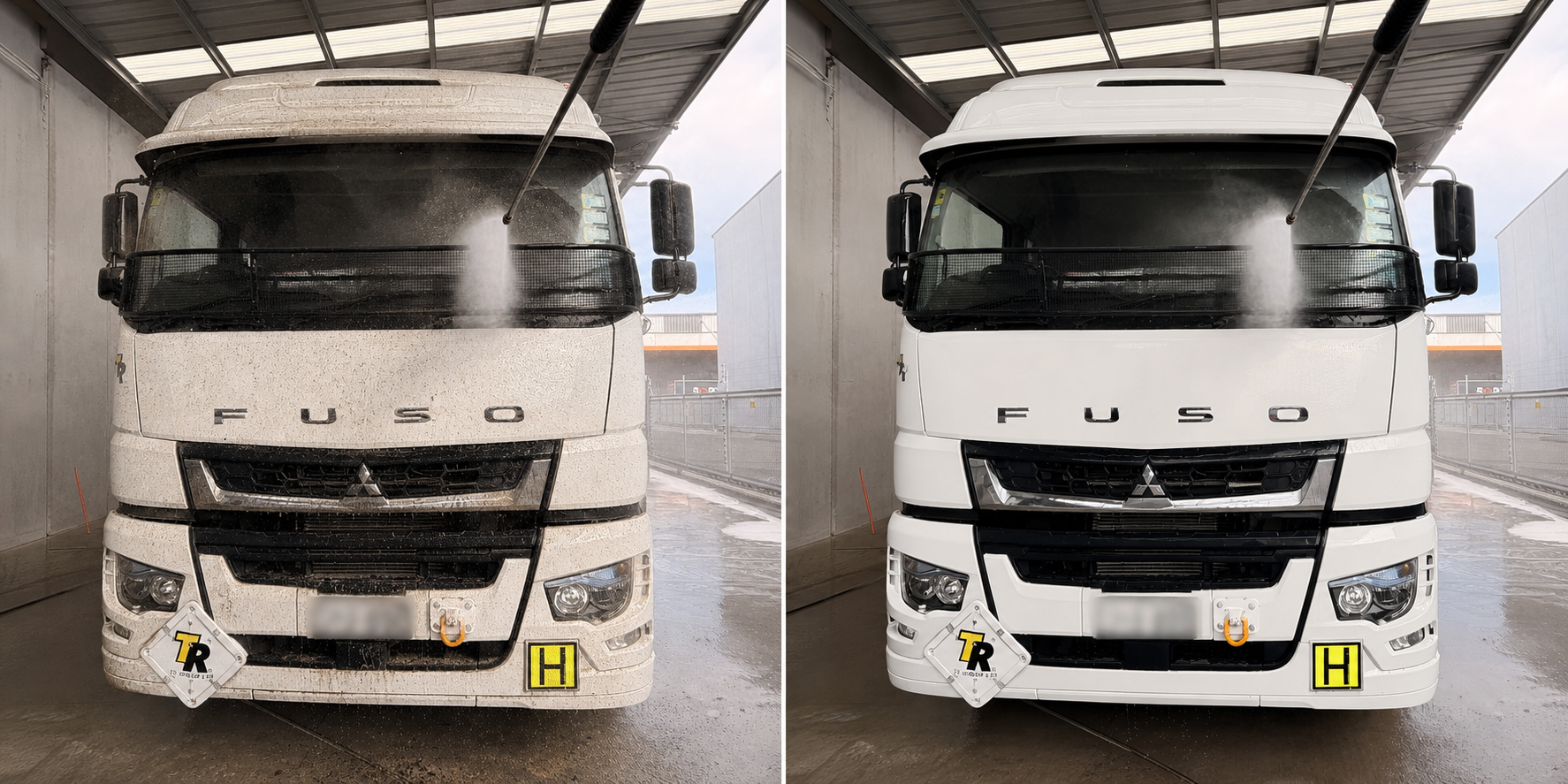 Illustrative dirty-before and clean-after comparison of a white Fuso truck with registration plate obscured