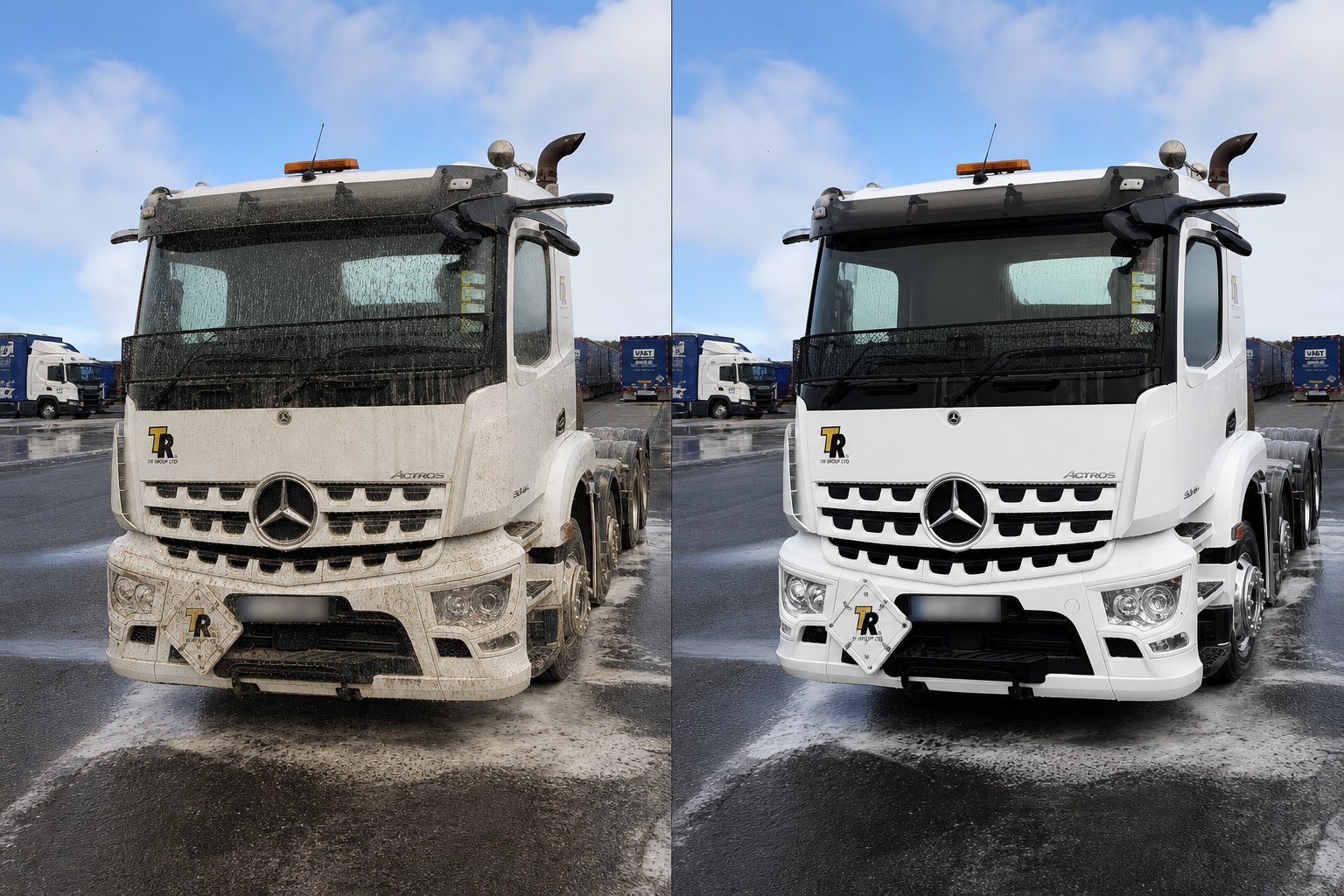 Illustrative dirty-before and clean-after comparison of a white Mercedes truck with registration plate obscured