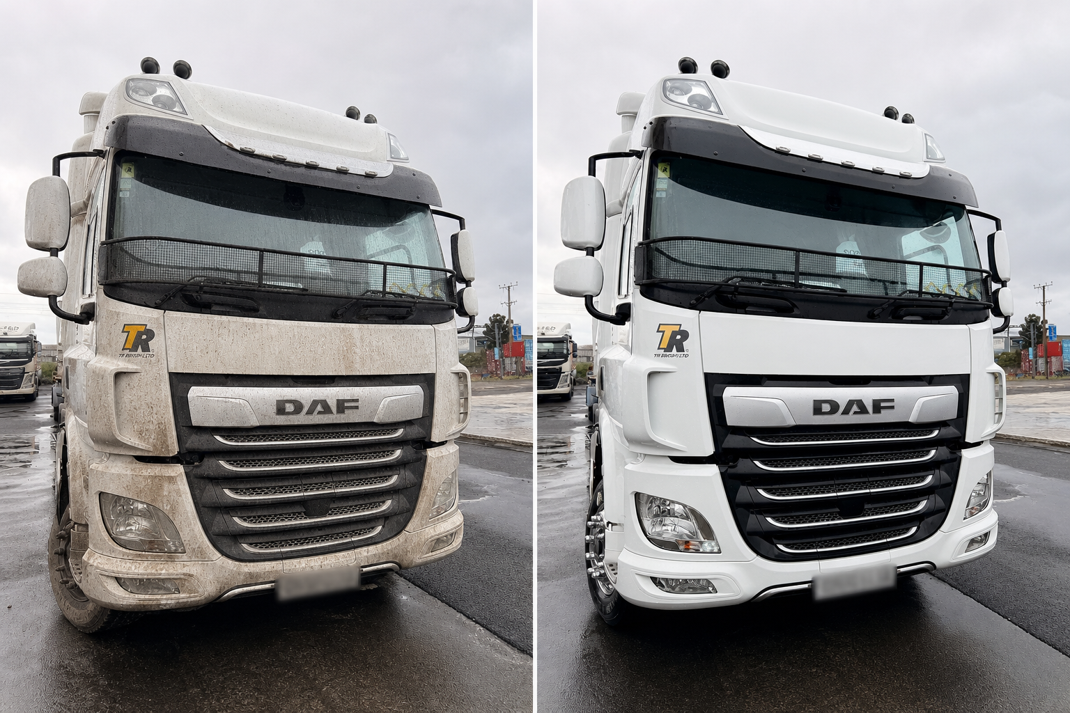 Illustrative dirty-before and clean-after comparison of a white DAF truck with registration plate obscured