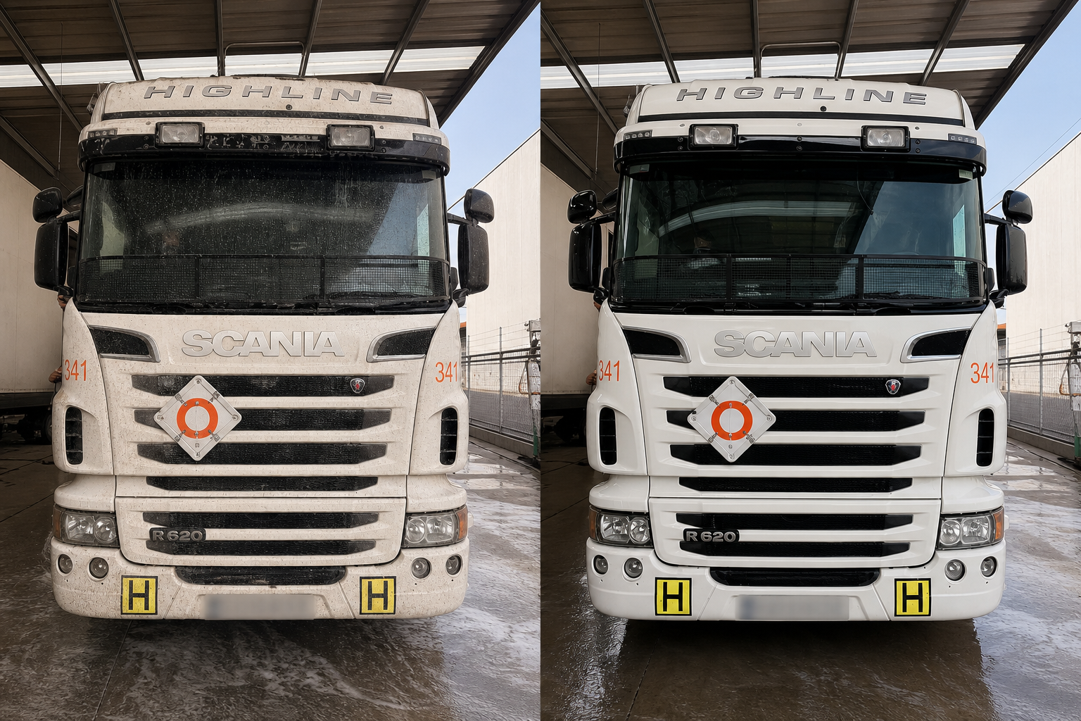 Illustrative dirty-before and clean-after comparison of a white Scania Highline truck with registration plate obscured