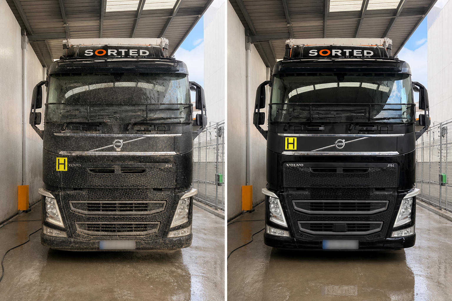 Illustrative dirty-before and clean-after comparison of a black Sorted Logistics Volvo truck with registration plate obscured